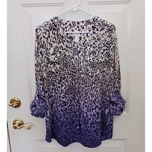 Chico's Blouse Leopard Print Purple Ombre Button Front Size 1 Medium Roll Tab